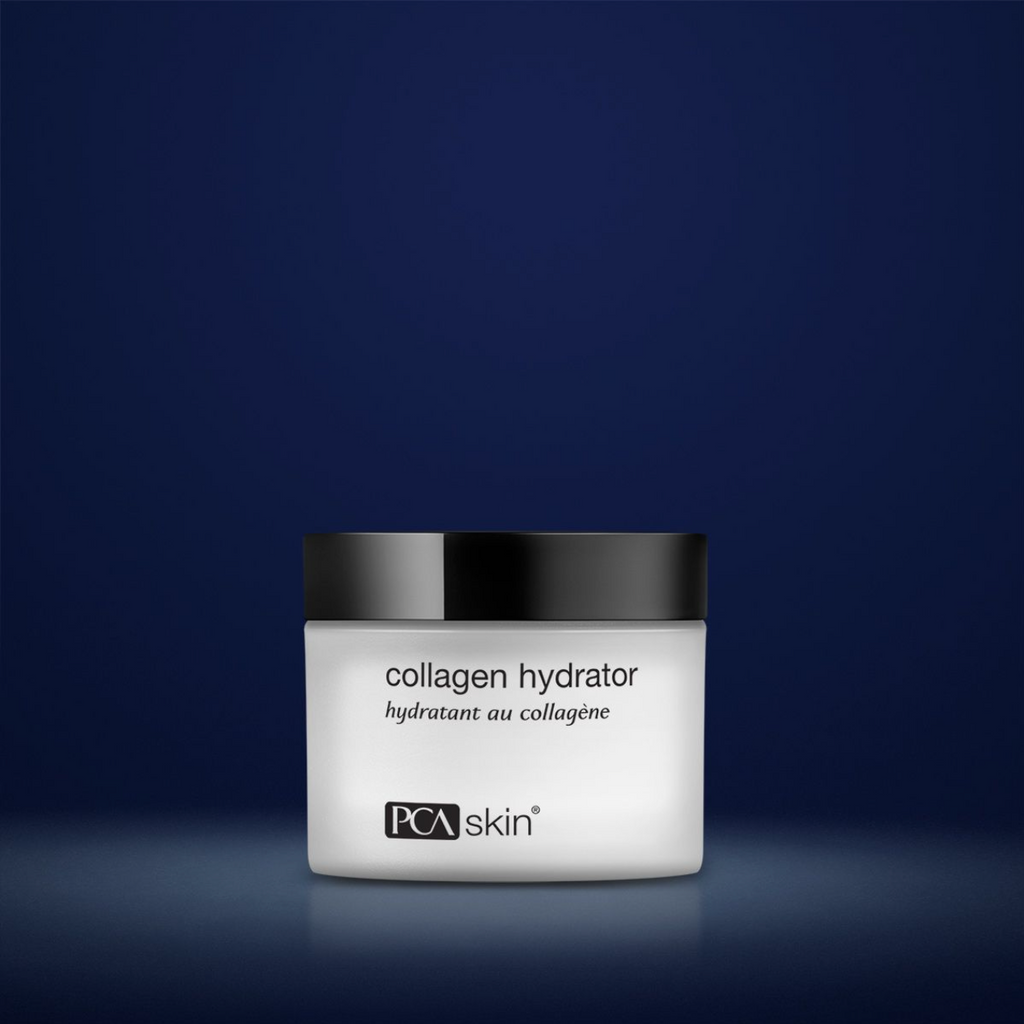 PCA Skin Collagen hydrator in a white container with a black lid in front of a dark blue background