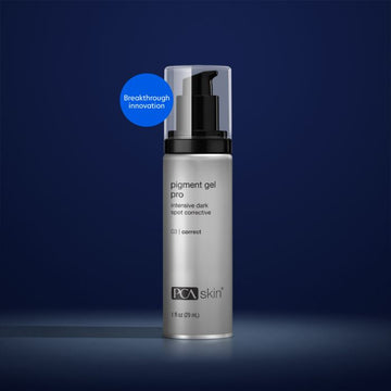 PCA Skin pigment gel pro in silver container with black lid in front of a dark blue background
